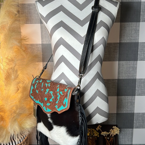 Cowhide Aqua Hand Tooled Crossbody - Picture 3 of 7